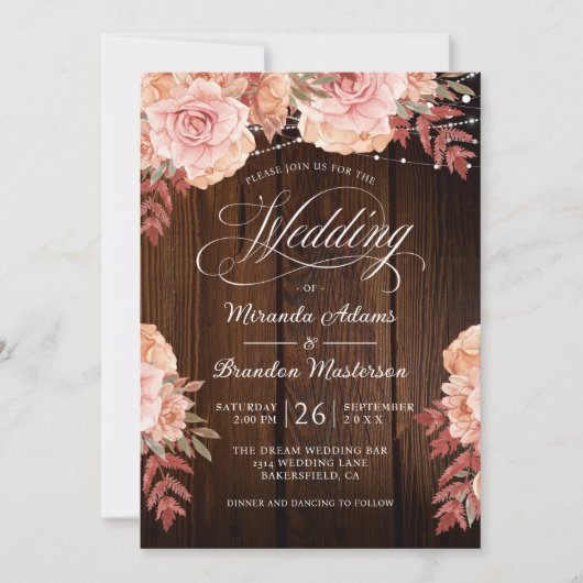 Floral Rustic Wood en String Lights Wedding Kaart (Voorkant)
