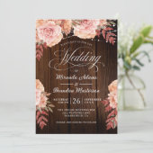 Floral Rustic Wood en String Lights Wedding Kaart (Staand voorkant)