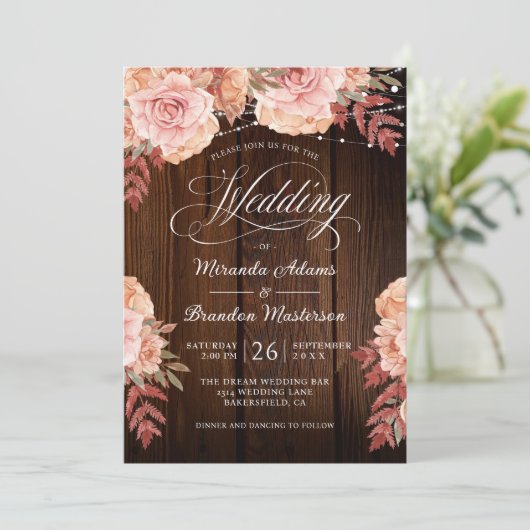 Floral Rustic Wood en String Lights Wedding Kaart (Staand voorkant)