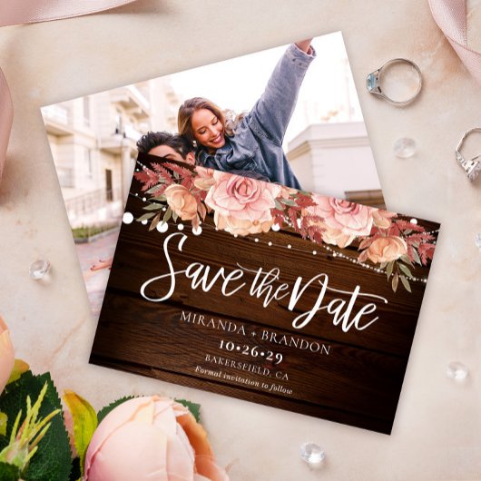 Floral Rustic Wood en String Lights Wedding Save The Date