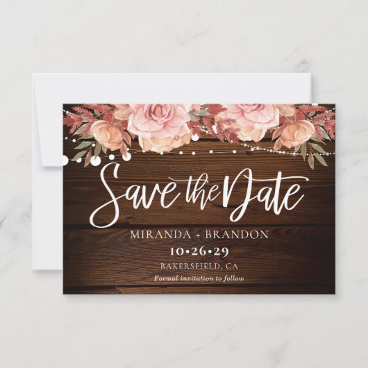 Floral Rustic Wood en String Lights Wedding Save The Date (Voorkant)