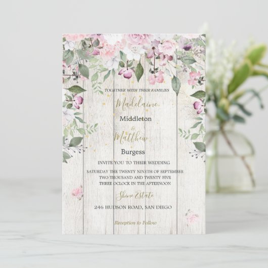 Floral Rustic Wood Gold Pink Weddenschap Kaart (Staand voorkant)