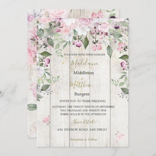 Floral Rustic Wood Gold Pink Weddenschap Kaart (Voorkant / Achterkant)