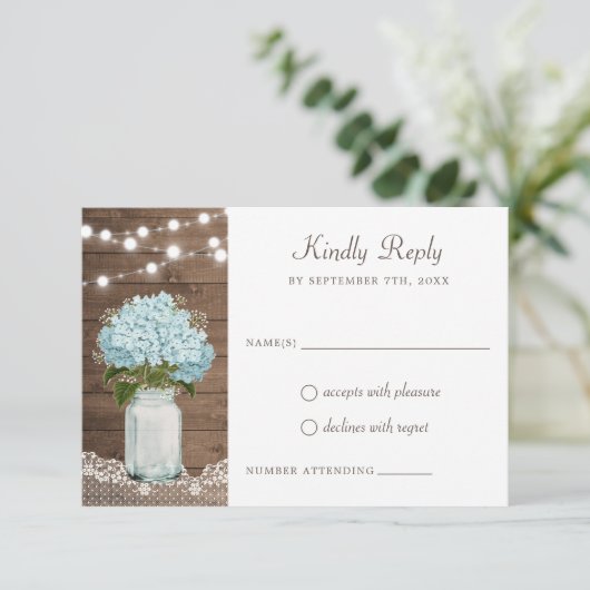 Floral Rustic Wood Hydrangea Mason Jar Lace Kaart (Staand voorkant)