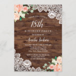 Floral Rustic Wood Lace 18th Birthday Invitation Kaart<br><div class="desc">Meer  uitvindingen in de Little Bayleigh Store!</div>