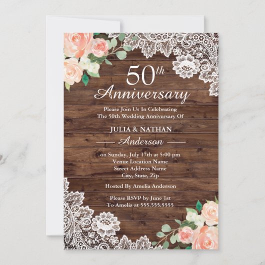 Floral Rustic Wood Lace 50th Wedding Jubileum Kaart (Voorkant)