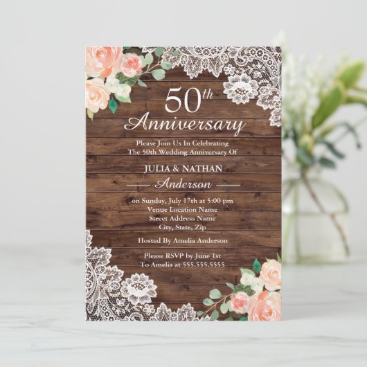 Floral Rustic Wood Lace 50th Wedding Jubileum Kaart (Staand voorkant)