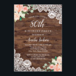 Floral Rustic Wood Lace 80th Birthday Invitation Kaart<br><div class="desc">Meer  uitvindingen in de Little Bayleigh Store!</div>