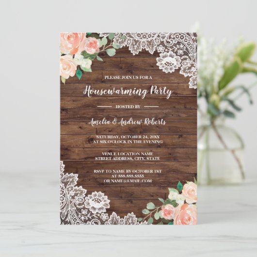 Floral Rustic Wood Lace Housewarming Party Kaart (Staand voorkant)