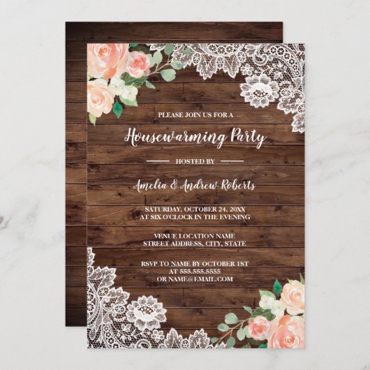Floral Rustic Wood Lace Housewarming Party Kaart (Voorkant / Achterkant)