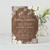 Floral Rustic Wood Lace String Lights Mason Jar Kaart (Staand voorkant)