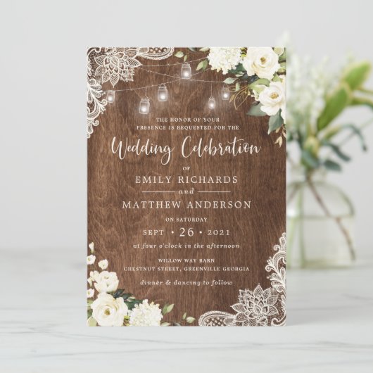 Floral Rustic Wood Lace String Lights Mason Jar Kaart (Staand voorkant)