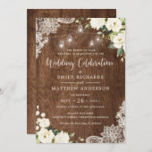 Floral Rustic Wood Lace String Lights Mason Jar Kaart (Voorkant / Achterkant)