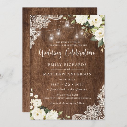 Floral Rustic Wood Lace String Lights Mason Jar Kaart (Voorkant / Achterkant)