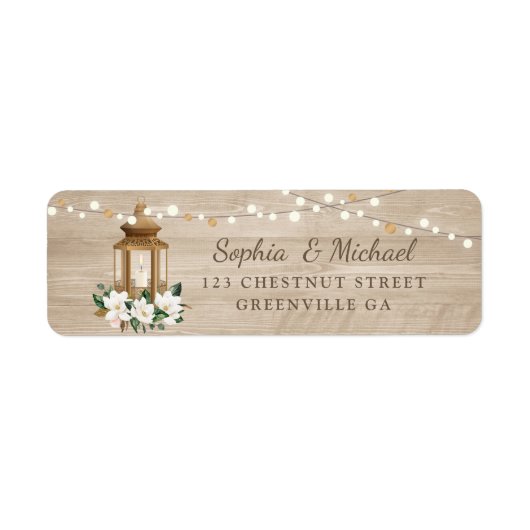 Floral Rustic Wood Lantern Magnolia String Lights Etiket (Voorkant)