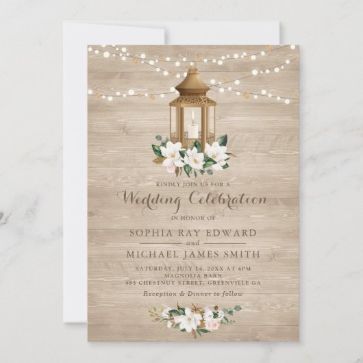 Floral Rustic Wood Lantern Magnolia String Lights Kaart (Voorkant)