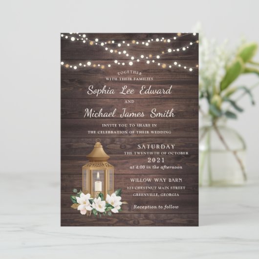 Floral Rustic Wood Lantern Magnolia String Lights Kaart (Staand voorkant)