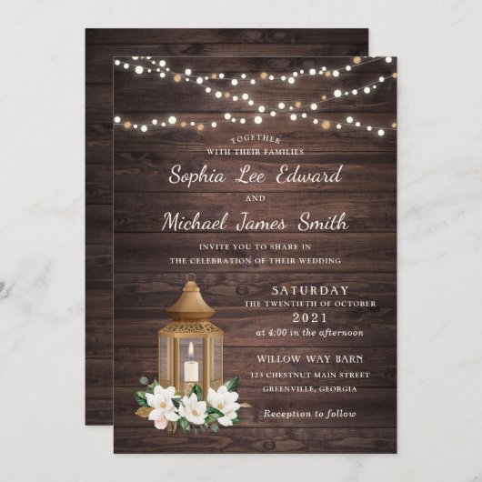 Floral Rustic Wood Lantern Magnolia String Lights Kaart (Voorkant / Achterkant)