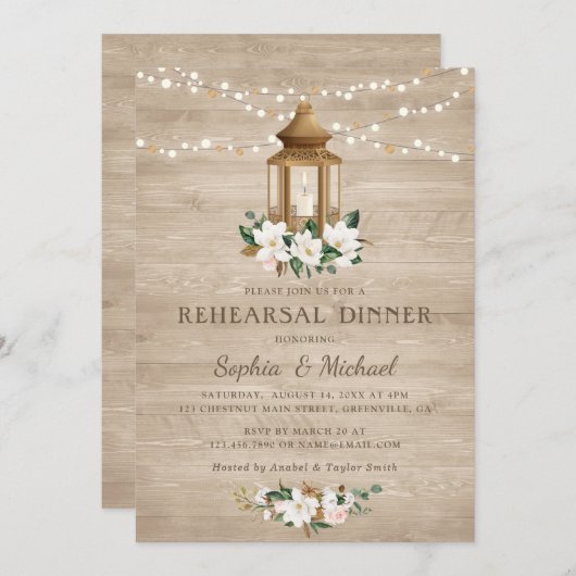 Floral Rustic Wood Lantern Magnolia String Lights Kaart (Voorkant / Achterkant)