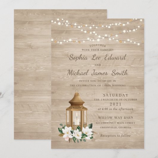 Floral Rustic Wood Lantern Magnolia String Lights Kaart (Voorkant / Achterkant)