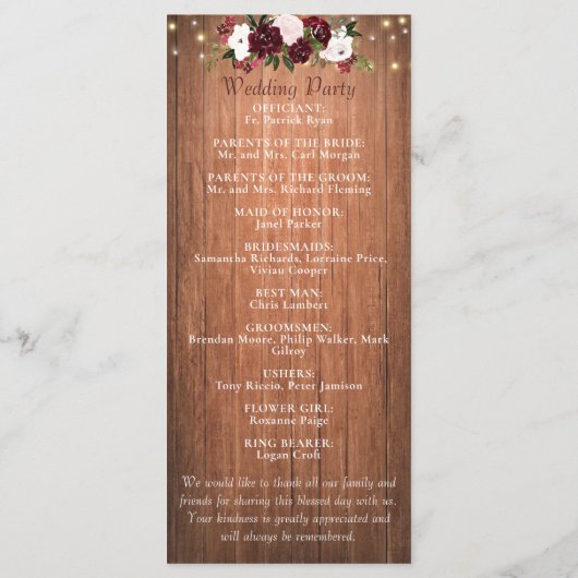 Floral Rustic Wood Mason Jar Burgundy Wedding Programmakaart (Achterkant)
