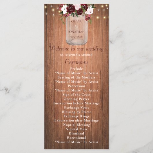 Floral Rustic Wood Mason Jar Burgundy Wedding Programmakaart (Voorkant)