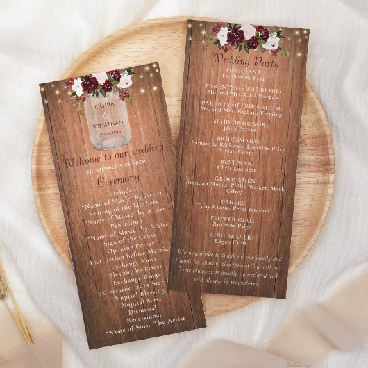 Floral Rustic Wood Mason Jar Burgundy Wedding Programmakaart