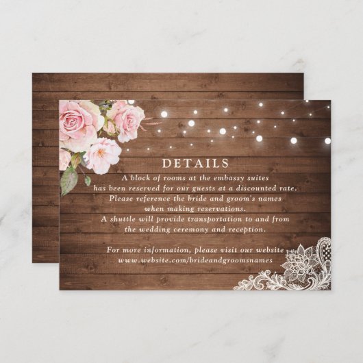 Floral Rustic Wood Rozen String Lights Details Kaart (Voorkant / Achterkant)