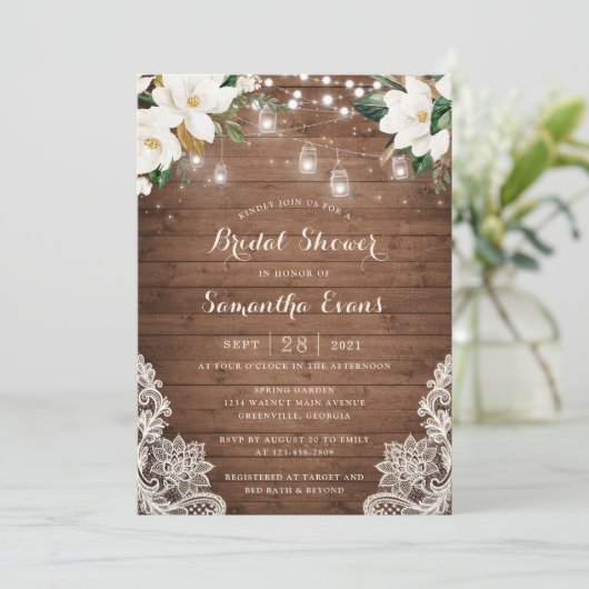 Floral Rustic Wood String Lights Lace Mason Jars Kaart (Staand voorkant)