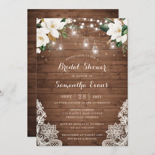 Floral Rustic Wood String Lights Lace Mason Jars Kaart (Voorkant / Achterkant)