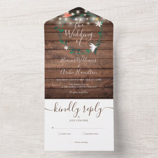 Floral Rustic Wood String Lights Monogram Weddensc All In One Uitnodiging (Binnen)