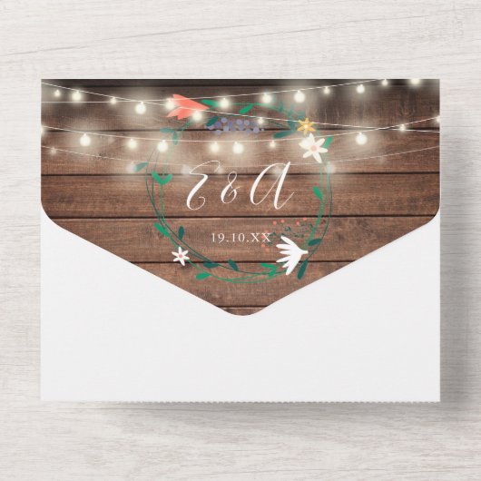 Floral Rustic Wood String Lights Monogram Weddensc All In One Uitnodiging (Achterkant)