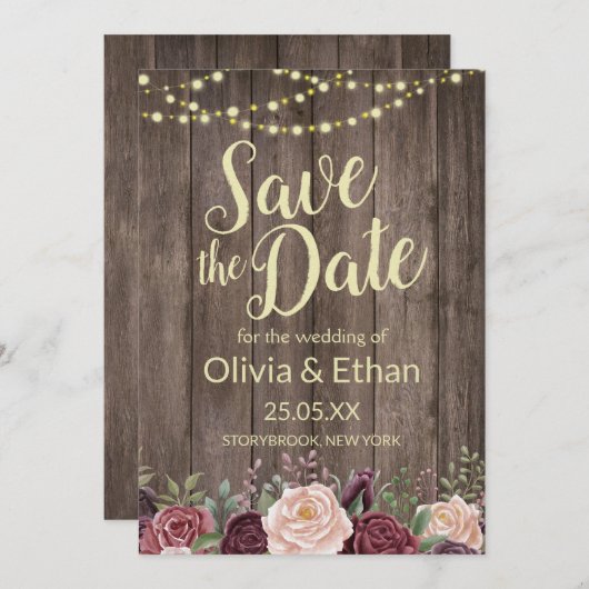 Floral Rustic Wood String Lights Save The Date (Voorkant / Achterkant)