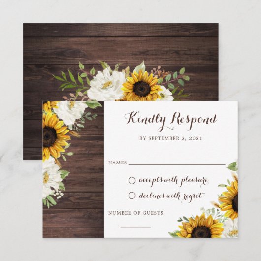 Floral Rustic Wood Sunflower Barn RSVP Kaart (Voorkant / Achterkant)
