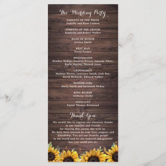 Floral Rustic Wood Sunflower Greenery Barn Wedding Programmakaart (Achterkant)