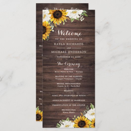 Floral Rustic Wood Sunflower Greenery Barn Wedding Programmakaart (Voorkant / Achterkant)