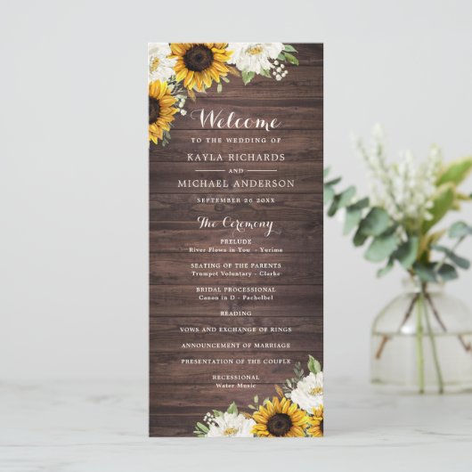 Floral Rustic Wood Sunflower Greenery Barn Wedding Programmakaart (Staand voorkant)