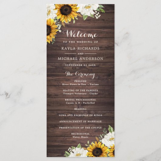 Floral Rustic Wood Sunflower Greenery Barn Wedding Programmakaart (Voorkant)