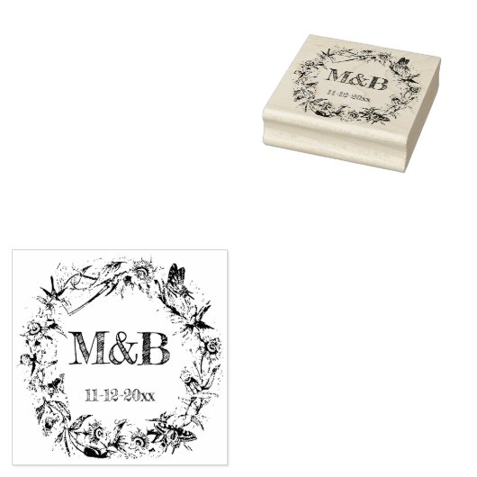 Floral Rustic Wreath Monogram Weddenschap Rubberstempel (Gestempeld)