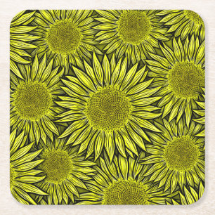 Floral Rustic Yellow Sunflower Hand getekend Kartonnen Onderzetters