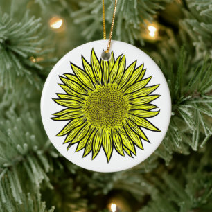 Floral Rustic Yellow Sunflower Hand getekend Keramisch Ornament