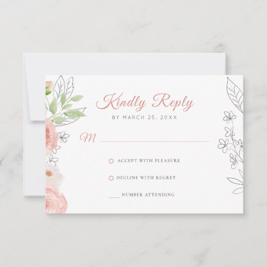 Floral rustige moderne elegante waterverf bruiloft RSVP kaartje (Voorkant)