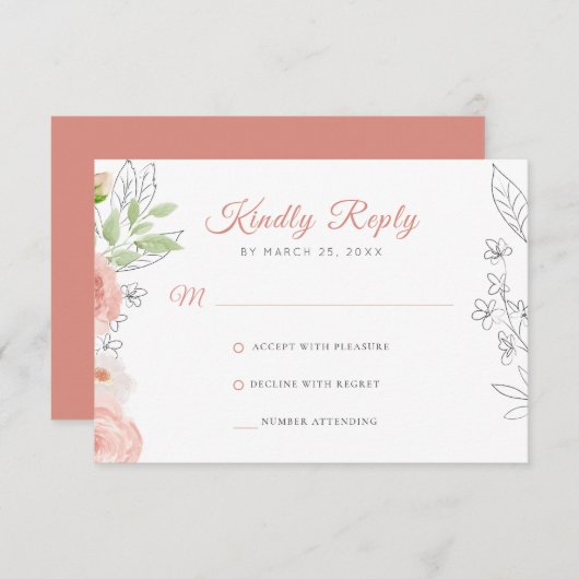 Floral rustige moderne elegante waterverf bruiloft RSVP kaartje (Voorkant / Achterkant)