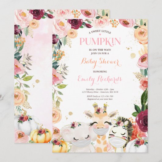 Floral Safari Animals Herfst Pompoen Baby shower Kaart (Voorkant / Achterkant)