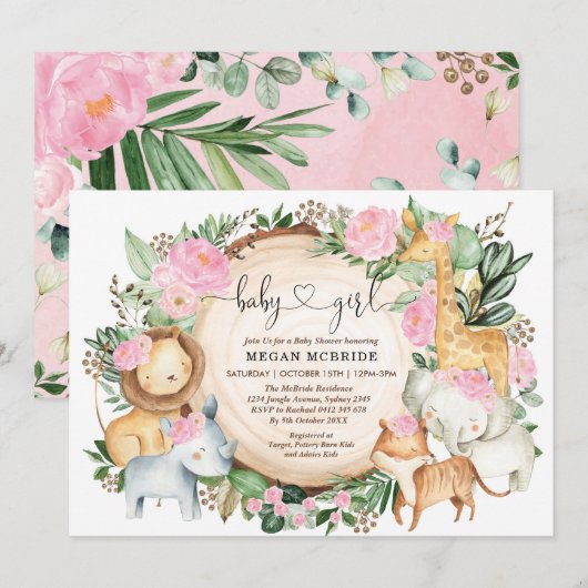 Floral Safari Oerwoud Greenery Girl Baby shower Kaart (Voorkant / Achterkant)