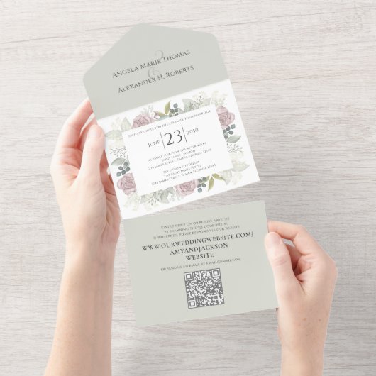 Floral Sage Dusty Roos Classic Greenery QR Code All In One Uitnodiging (Afscheurbaar)