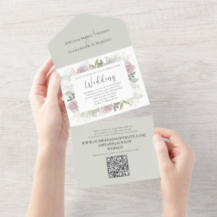 Floral Sage Dusty Roos Classic Greenery QR Code All In One Uitnodiging