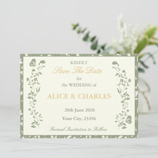 Floral Sage Ggreen Save The Date Kaart (Staand voorkant)