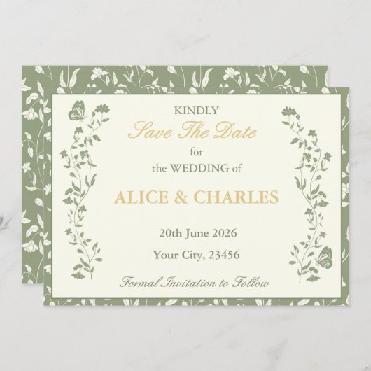  Floral Sage Ggreen Save The Date Kaart (Voorkant / Achterkant)