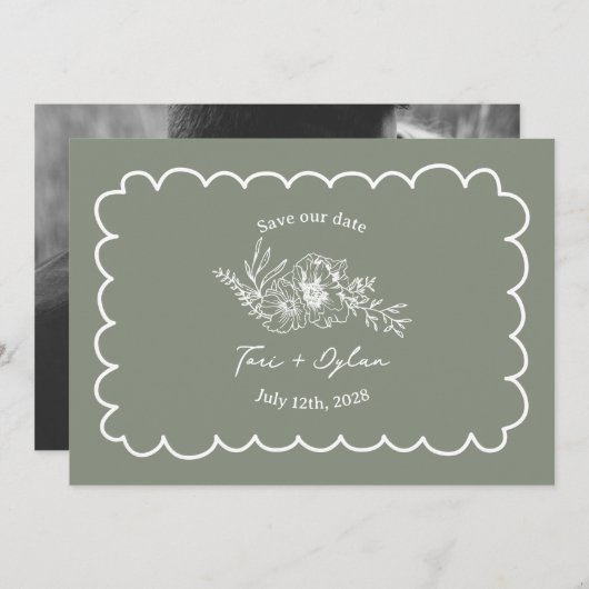Floral Sage Green Botanical Bewaar de datum Foto Save The Date (Voorkant / Achterkant)